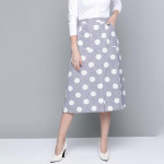 Grey & White Polka Dot Print Cotton Front Slit Midi A-Line Skirt