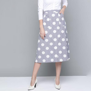 Grey & White Polka Dot Print Cotton Front Slit Midi A-Line Skirt