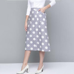 Grey & White Polka Dot Print Cotton Front Slit Midi A-Line Skirt