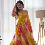 Printed Empire Organza Kurta With Trousers & Dupatta