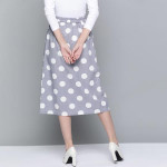 Grey & White Polka Dot Print Cotton Front Slit Midi A-Line Skirt