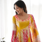 Printed Empire Organza Kurta With Trousers & Dupatta