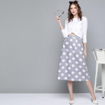 Grey & White Polka Dot Print Cotton Front Slit Midi A-Line Skirt