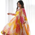 Printed Empire Organza Kurta With Trousers & Dupatta